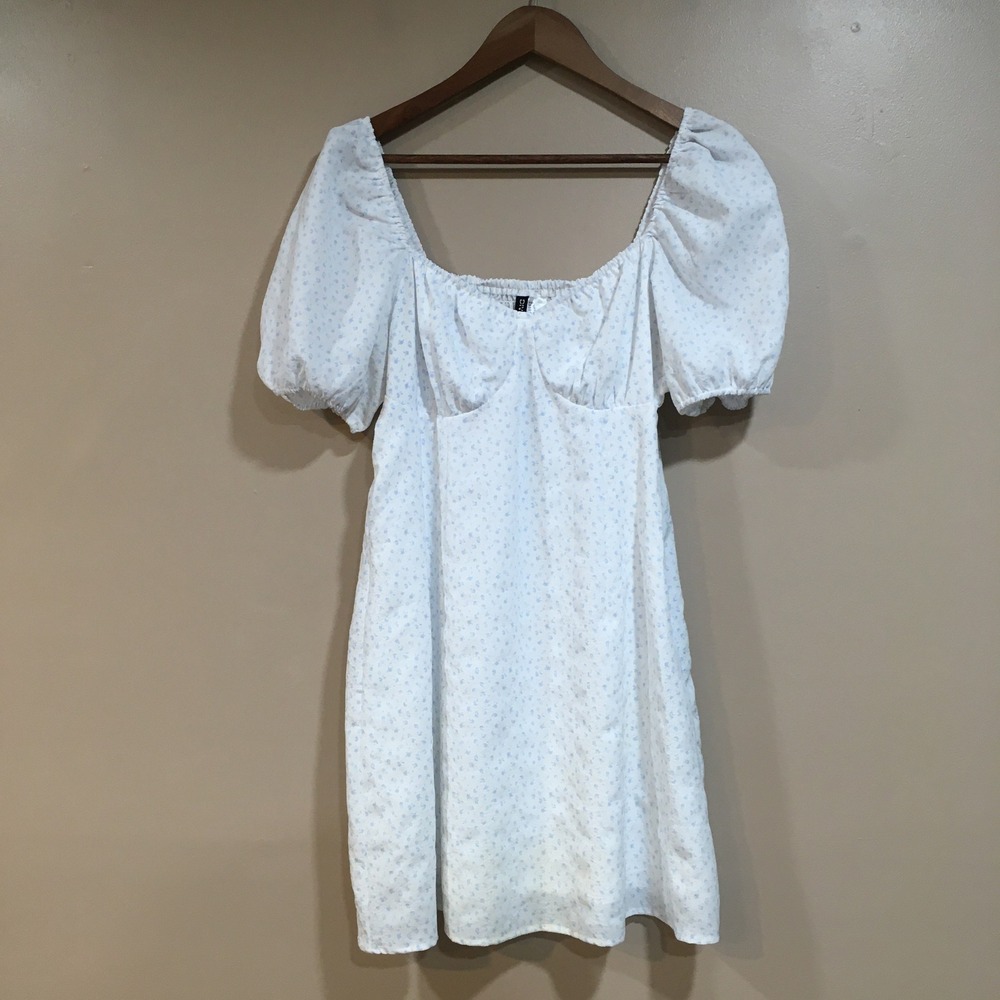 H&M Floral Milkmaid Babydoll Mini Dress Womens L White Blue‎ Cottage Puff Sleeve